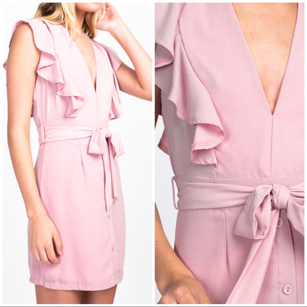 Dusty Pink Ruffle Sleeveless Tie Button Dress - Picture 2 of 8